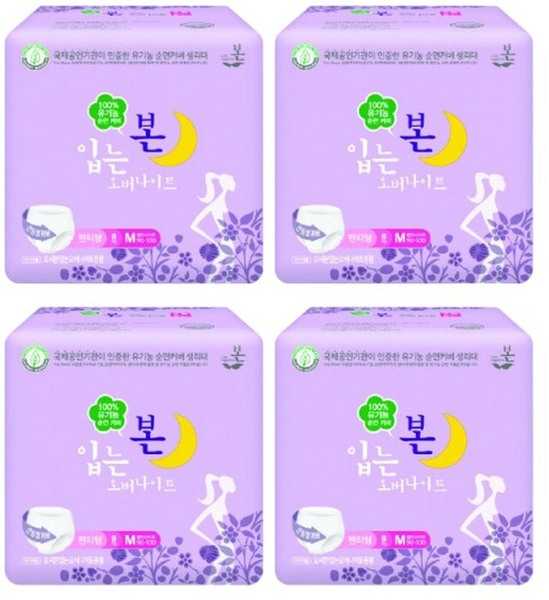 본 100 순면패드 착한 생리대 입는 오버나이트 중형 8매 x 4팩, 8매입, 4박스