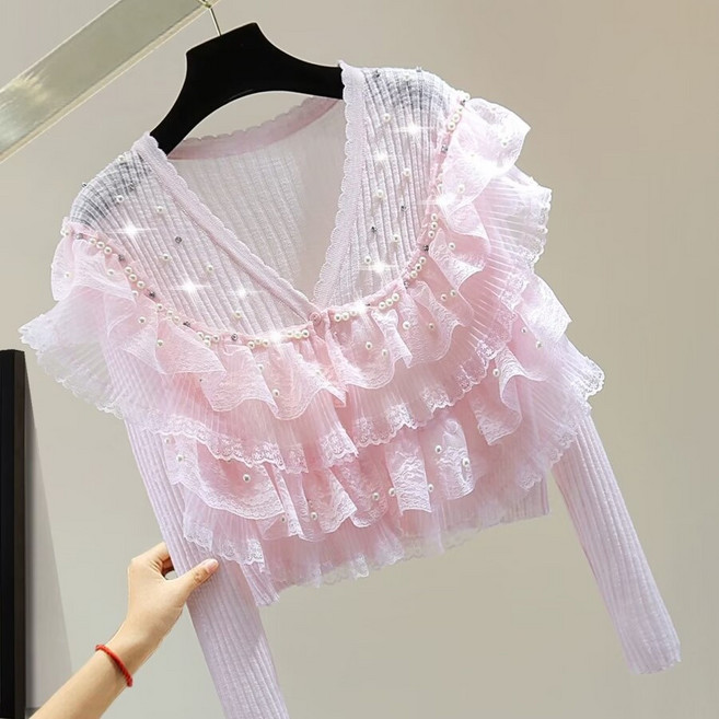 페이준 여성 스위트 브이넥 긴팔 니트 가디건 패션 비즈 큐빅 레이스 프릴 숏 상의 YFC1174