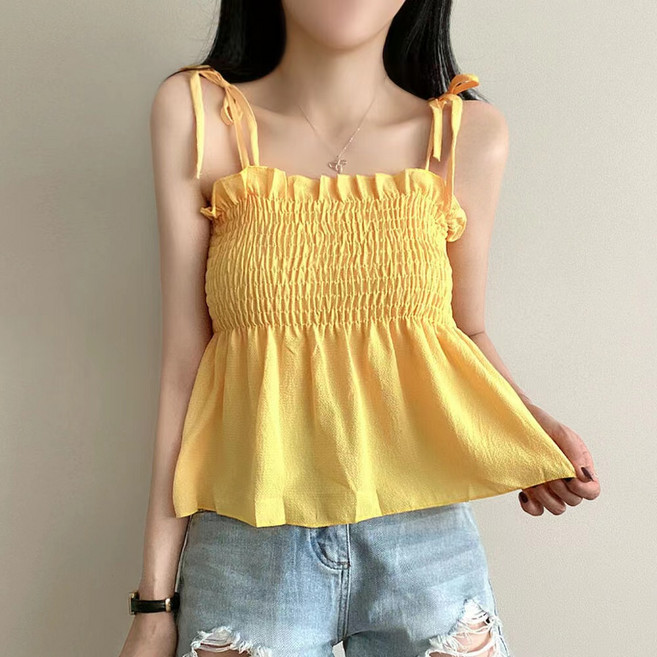 레티고 썸머 스모크밴딩 셔링 끈나시 블라우스