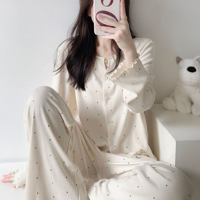 [핑크마카롱] 크리미컬러 도트 프릴 홈웨어 상하세트