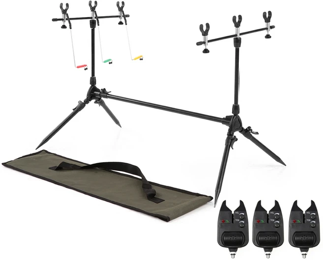 Lixada 낚싯대 포드 스탠드 거치대 조절 가능한 개폐식 잉어 3 바이트 알람 낚시 태클 액세서리 인 1, 01 with Bite Alarms, 1개