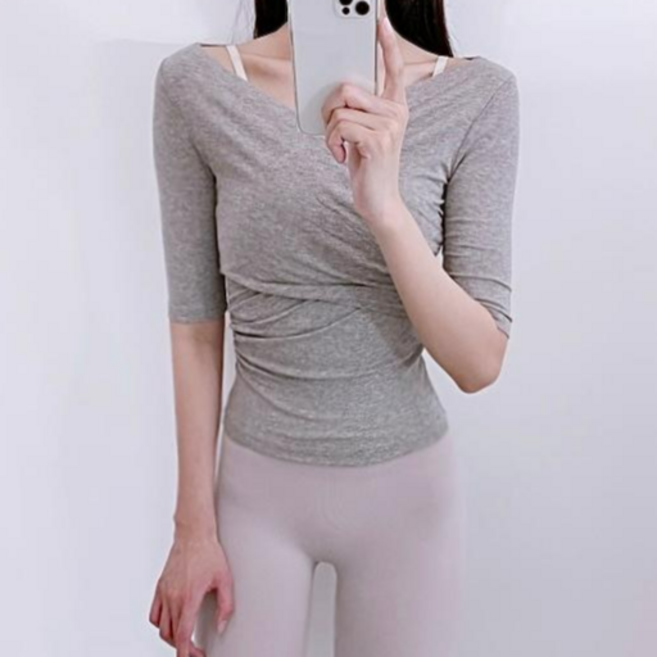 로라벨 메쉬 5부 반팔 필라테스복 요가복 커버업 운동복