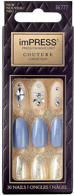 KISS imPRESS Couture Collection No Glue Mani 프레스 온 네일 화이트 블루 라인스톤 미디엄 사이즈 아몬드 모양 간단한 필 앤 쉬운, KISS imPRESS Couture Collectio