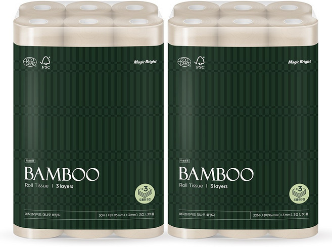 매직브라이트 먼지없는 친환경 대나무 화장지 3겹, 2개, 30롤, 30m