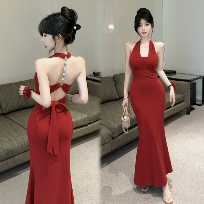 아슈어 여성 홀터넥 민소매 슬림핏 롱원피스 파티 드레스