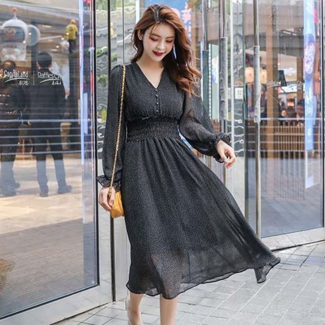 디아리스 여성 봄 가을 쉬폰 밴딩 원피스 9150B