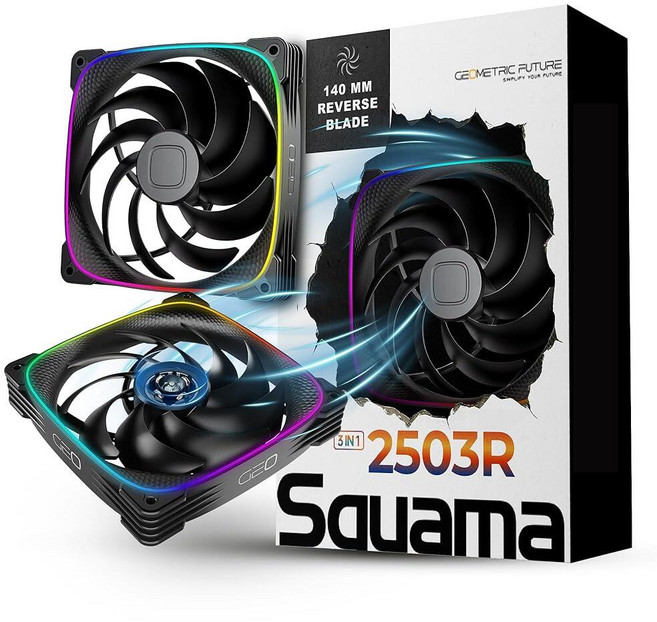 지오메트릭 Future Squama 2503R 리버스 블레이드 RGB PWM 팬 - 140mm 1팩 성능 및 무소음 밸런스 듀얼 조명 루프 5V 3핀 주소 지정 가능한 4핀 블, 블랙_167514
