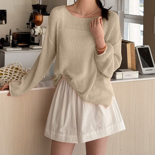 데일리앤 드엔 루즈핏 보트넥 시스루 그물 얇은 여름 긴팔 니트 티셔츠 휴양지 커버업 살안타템