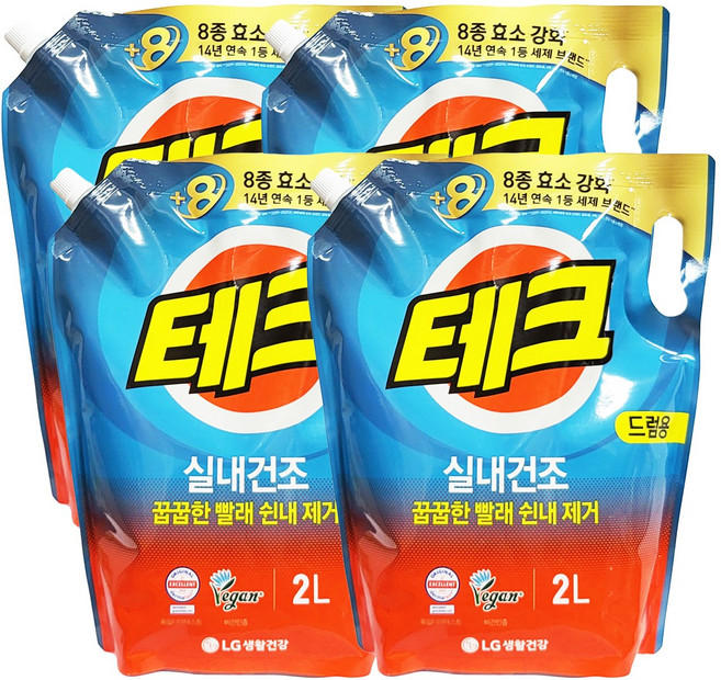 테크 실내건조 액체세탁세제 드럼 리필, 4개, 2L