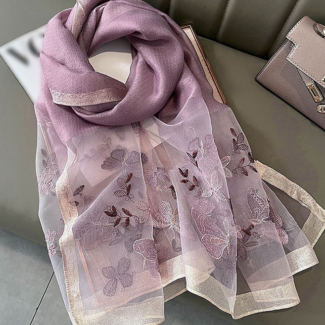 AnnaSofia 真絲羊毛混紡大尺寸披肩絲巾圍巾 夢蝶紛飛 藕紫粉系