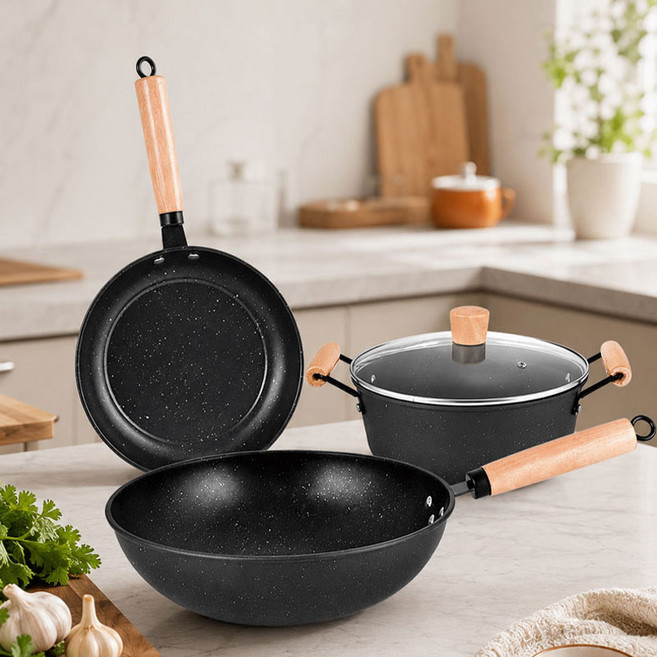FESETC 맥반석 코팅 냄비 프라이팬 세트, 블랙, 1세트, 웍 30cm+냄비 24cm+프라이팬 24cm
