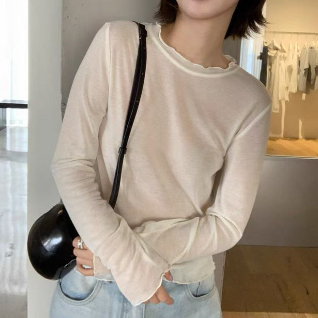 Siluno 여성 얇은 라운드 긴팔 티