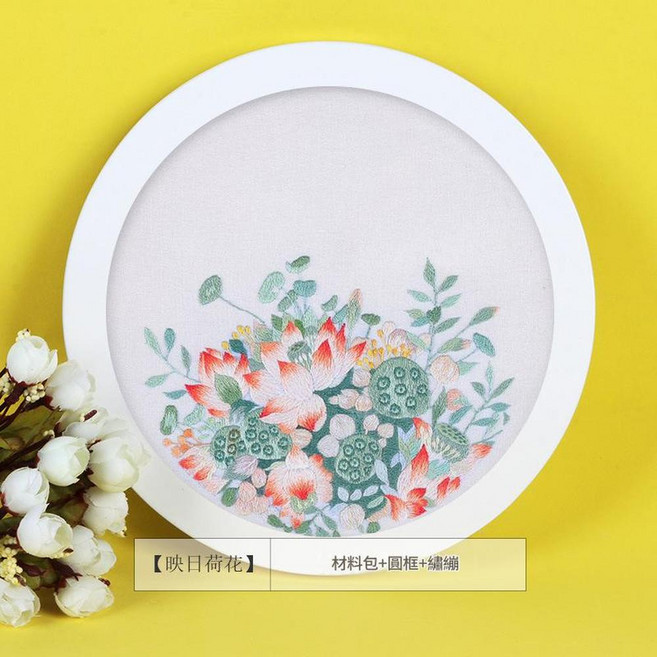 刺繡diy手工自繡製作初學者材料包 古風蘇繡絲帶繡繡品挎包戳戳繡, 一荷夏意 材料包 輔助繡繃 圓框, 1個