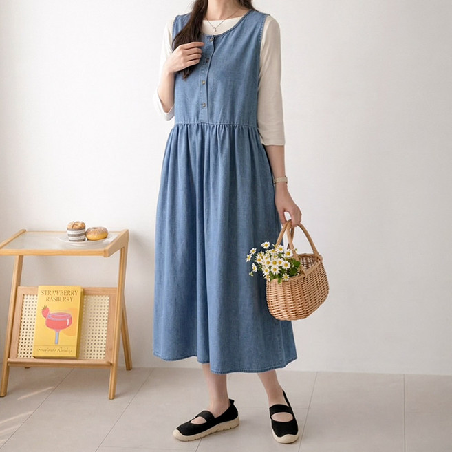 데일리앤 로베나 레이어드 민소매 청 데님 조끼 롱 원피스 여름 나시 뷔스티에