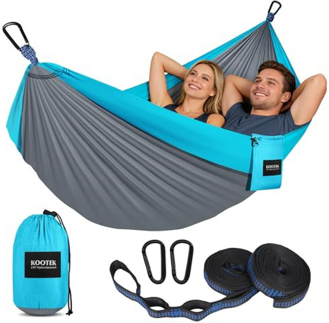 Kootek 경량 나일론 패러슈트 캠핑 해먹 2개 고정 스트랩 포함 여행/해변/파티오/등산용 116363, 그레이 & 스카이 블루