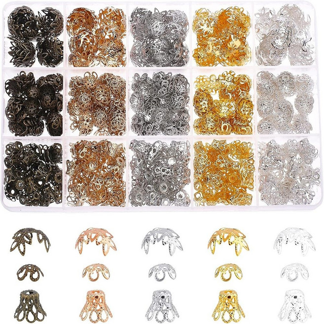 600개 12가지 스타일의 멀티 페탈 아이언 비즈 캡 (꽃 모양 금색 & 은색), 혼합색