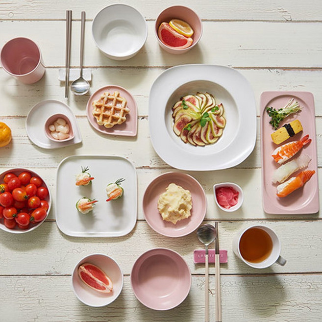 온반 2인세트 신혼부부 자취 선물용 식기, 1세트, 15pcs, 복숭아빛 + 우윳빛