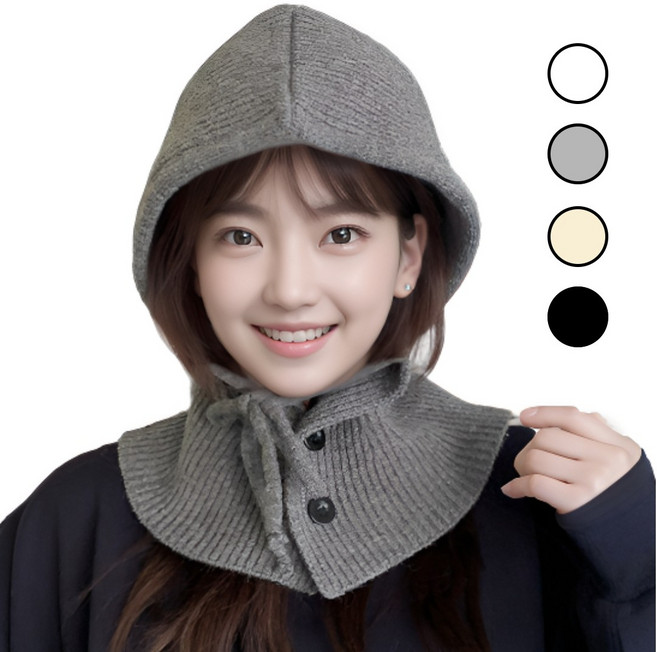 멜리안 후드머플러 여성 니트 바라클라바 넥워머 모자 목도리, 화이트, 1개