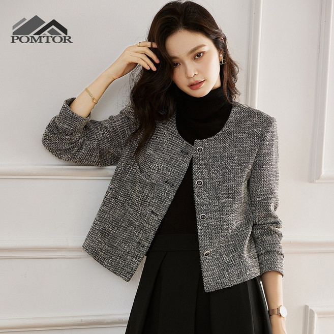 POMTOR 여성 봄가을 베이직 숏핏 우아한 정장 단추 가디건