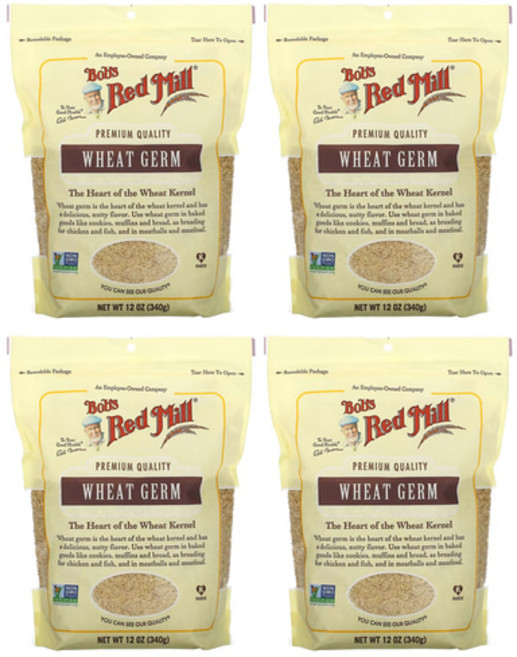 Bob's Red Mill Wheat Germ 12Ounce 밥스 레드 밀 프리미엄 퀄리티 맥아 밀알맹이 밀배아 소맥 씨눈 Non GMO 베이킹 재료 쿠키 빵 브레딩 340g 4팩, 4개