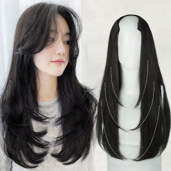 아이루리 페이스 라인 커버 레이어드 가발 피스 볼륨 내추럴 긴머리 여성 부분가발 헤어피스, 1개, 쿨블랙