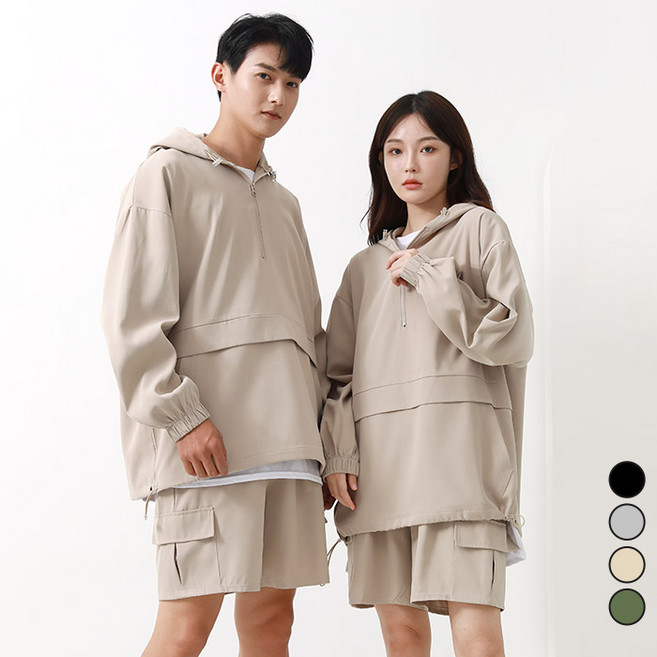 턴키 남녀공용 빅사이즈 아노락 후드 반집업 + 반바지 세트 AJ-1150