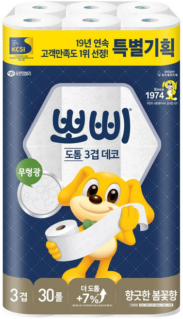 뽀삐 오래쓰는 롱 데코 30m 3겹 30롤 화장지, 1개