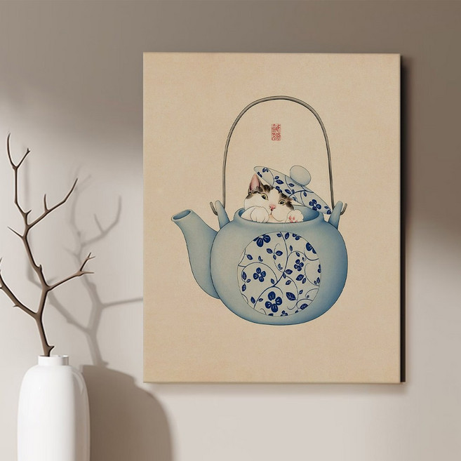현대 민화 춘묘도 고양이 카페 거실 인테리어 캔버스 그림액자 9종 집들이 선물 고양이그림, 08.청자춘묘