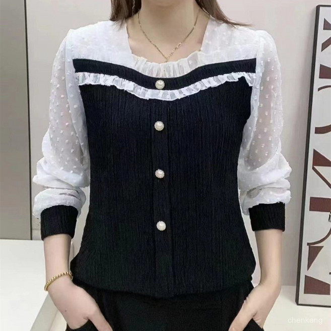 여성 봄 가을 긴팔 스퀘이넥 블라우스 캐주얼 이너 레깅스 루즈핏 셔츠 남방 가짜 투피스 쉬폰 블라우스 빅사이즈