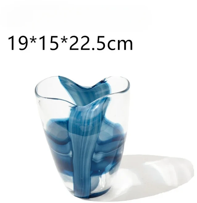북유럽 스타일 수제 투명 플리츠 블루 피닉스 테일 유리 꽃병 테이블 모델 룸 거실 장식 화분, 02 B(19x15x22.5cm)