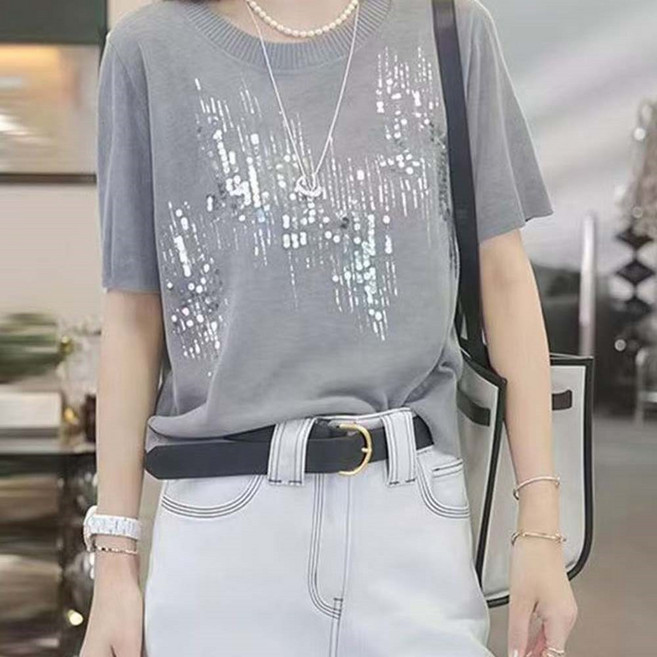 TKX 여성 반팔 니트 티셔츠 라운드넥 심플 스타일 반짝이 포인트 데일리 캐주얼 탑 오피스룩