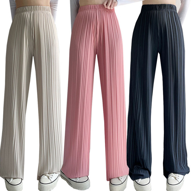 제이닝 기장선택 여성 냉감 플리츠 바지 쿨링 링클프리 시원한 여름 아이스 스판 밴딩 여자 와이드 바지 5color