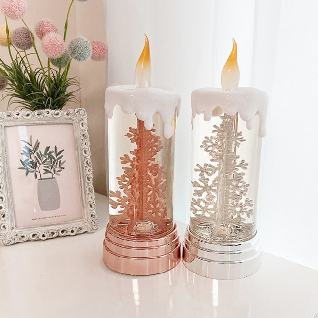 고급 눈꽃 초 회전 트리 LED 크리스마스 오르골 워터볼 무드등 스노우볼 감성소품 트리장식, 핑크