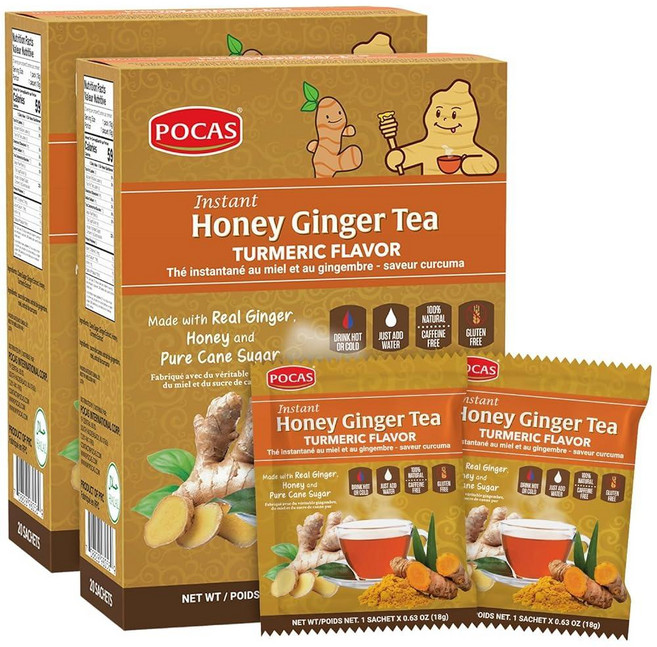 Pocas 허니 진저 티 강황 360g(12온스) 20봉지(2팩) GMO 프리 다이어리 글루텐 프리 인공 및 색소 없음 허니 크리스탈 리얼 생강 향 주머니, Pocas 허니 진저 티, 강황, 360g(12온스),