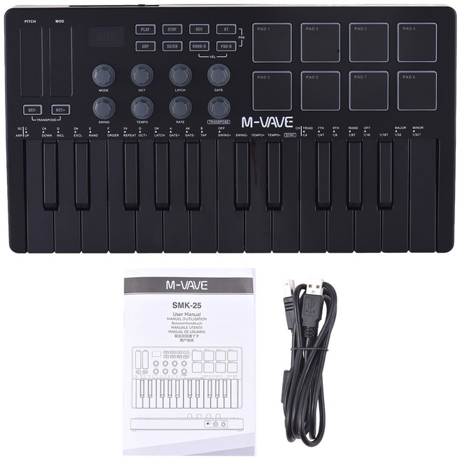 MIDI 키보드 컨트롤러 비트 메이커 기계 충전식 25 키 배열 스트라이크 패드 RGB 할당 가능 손잡이, 01 Black, 1개