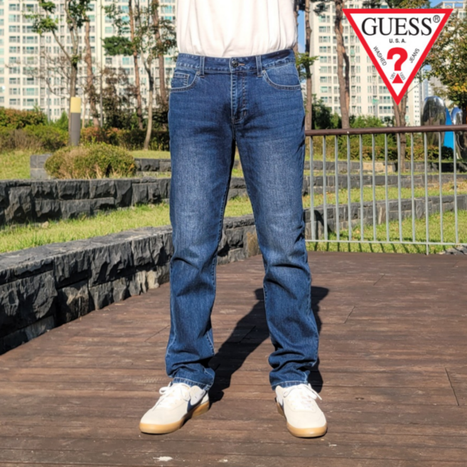 (백화점 정품) 게스 슬림 스트레이트 핏 진 남자 스판 청바지 다크 블루 워싱 데님 DBL