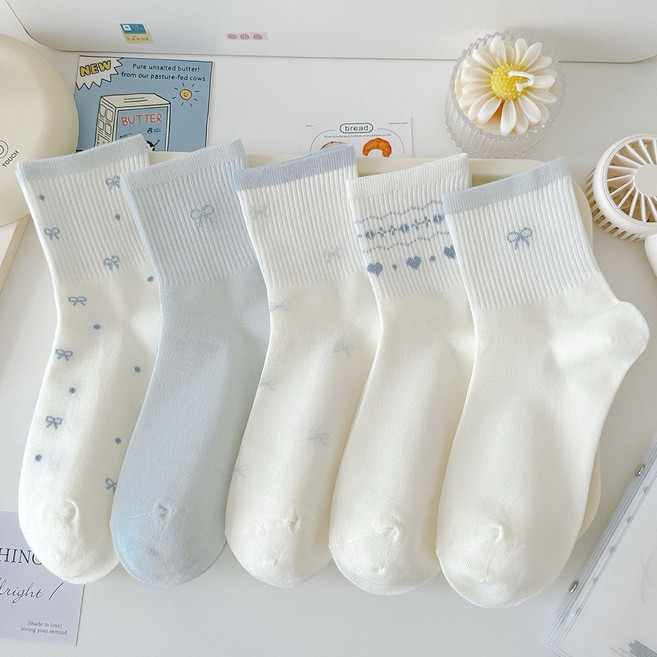 여성용 귀여운 하늘색 리본 양말 5켤레 세트