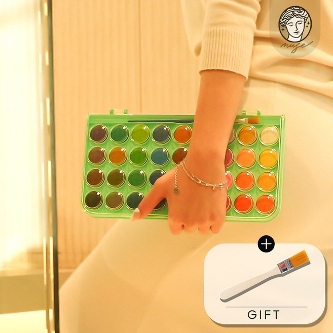 [+평붓] 뮤즈 36색 고체형 팔레트 수채물감+워터붓(대) / 물감 붓세트 워터컬러 고체물감 워터붓 수채화물감