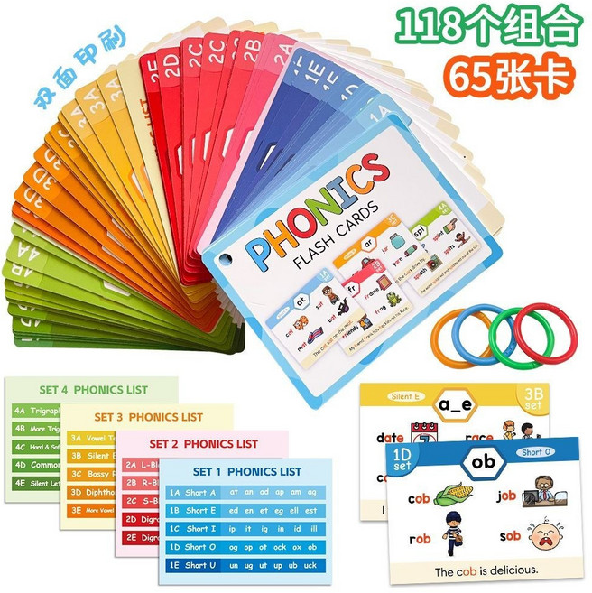 65張卡 英語自然拼讀組閤Phonics詞根拼讀規則學習單詞卡 幼兒小學生教具, 卡片【不支持點讀/掃碼】