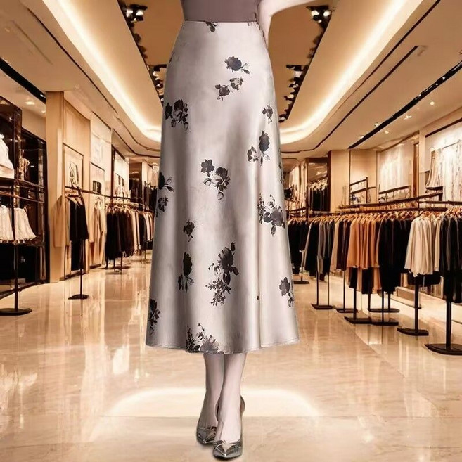 jieve 여자 프린트 실크 스커트 봄 여름 하이웨스트 미디 라인 스커트SL121183