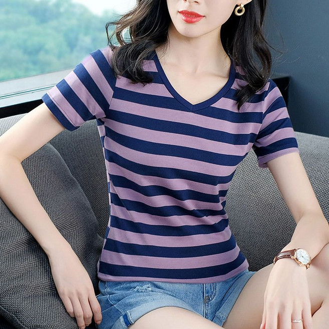 메인워크 중년 여성 빅사이즈 브이넥 반팔티셔츠 여름 엄마룩 스판 스트라이프 루즈핏 이너 데일리 기질 패션 냉장고 아우터 상의