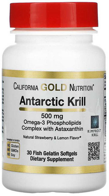 California Gold Nutrition Antarctic Krill Oil 캘리포니아 골드 뉴트리션 남극 크릴 오일 딸기 앤 레몬 맛 500mg 30정, 1개, 기본