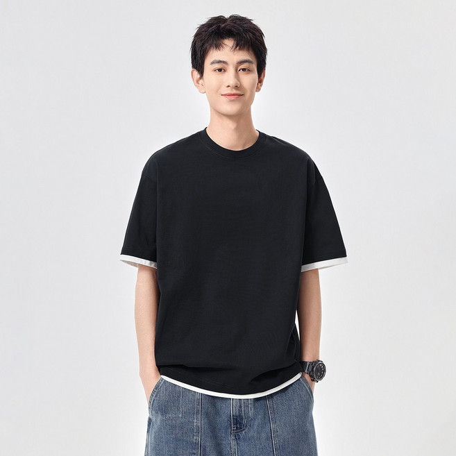 티레오 남녀공용반팔티 레이어드티셔츠 오버핏 32수 순면 면티 빅사이즈 여름 이중 레어티 무지 롱티 단체복 커플티