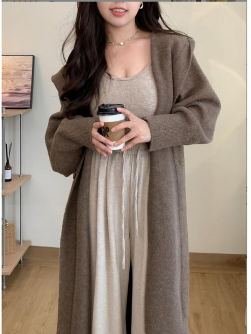 MO寶 女 秋冬針織外套 長版連帽寬鬆