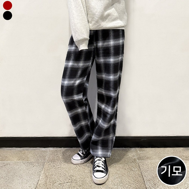 블레스유 남녀공용 와이드 체크바지 홈웨어 타탄체크 일자바지 홈웨어 기모