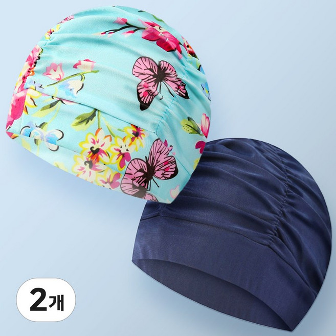 수영모모자 주름 스판 수모 아쿠아로빅수영모, 민트가든+네이비, 2개