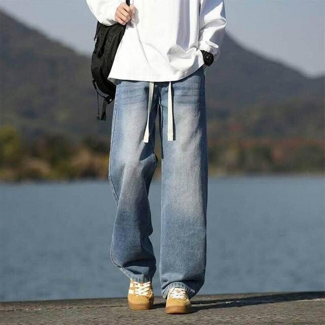 寬鬆抽繩牛仔褲 男 復古鬼洗 冰絲涼感 輕薄透氣 夏季休閒闊腿長褲