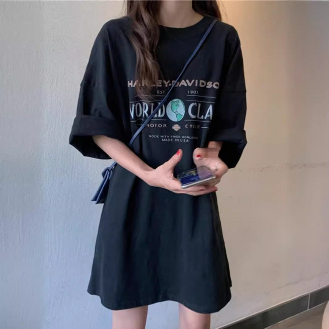 티셔츠 원피스 여성 학생 반팔 긴 여름 루즈핏 순면 라운드넥 캐주얼 중간 길이 원피스