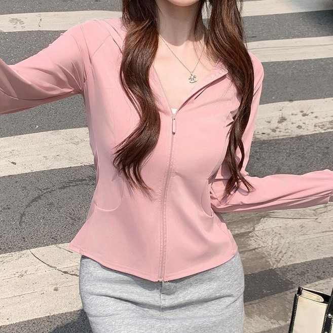 黑色連帽防曬衣女夏季修身輕薄透氣冰絲防曬服戶外運動開衫外套薄, 2XL