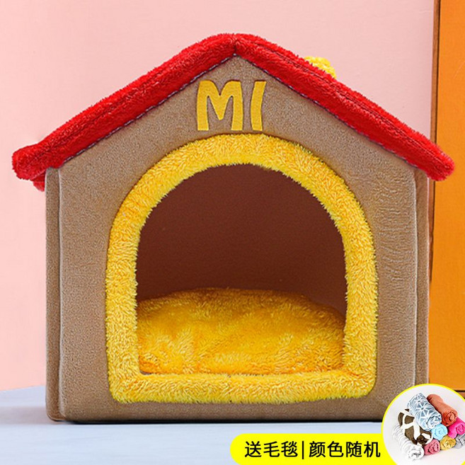 狗窩冬季保暖封閉式帳篷小型犬泰迪別墅房子四季通用貓窩寵物用品, 1個, 三角喵當勞房子+毛毯M：建議15斤內寵物